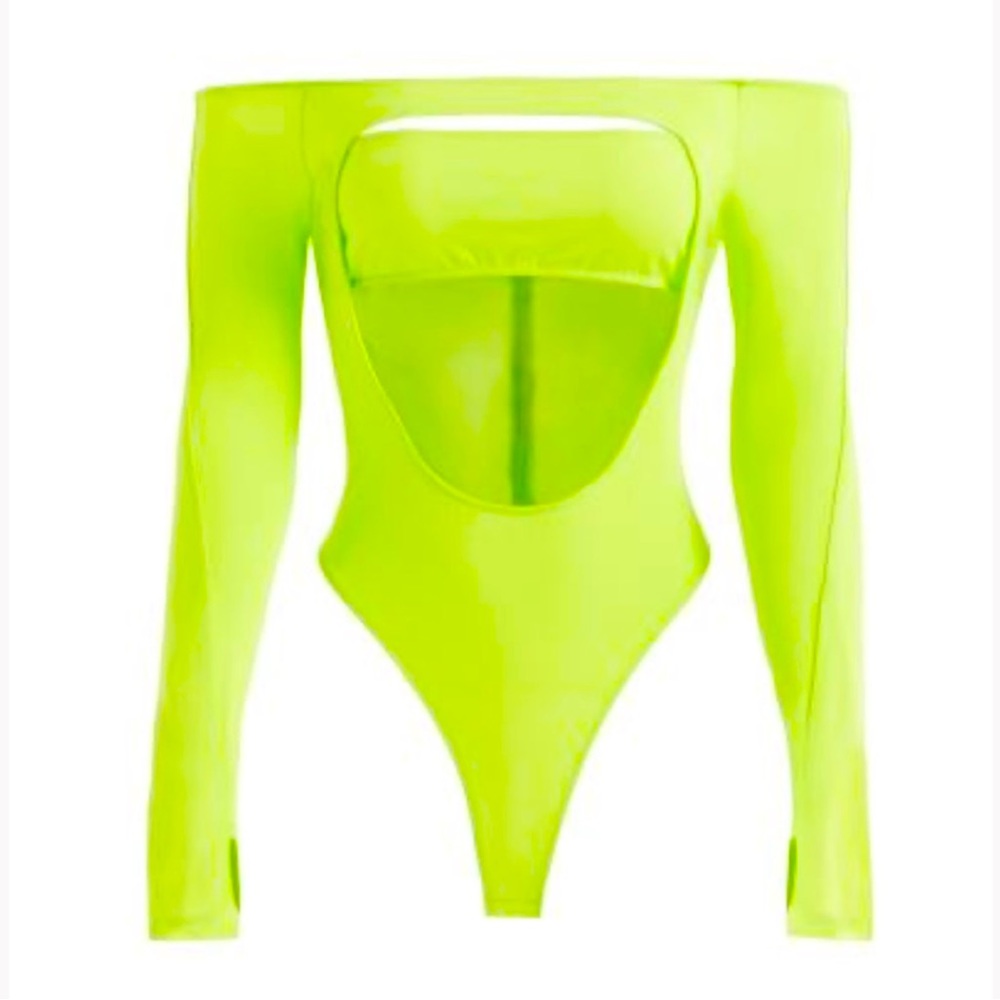 NWT Mugler x H&M Cut-Out Bodysuit in neon lime green w/ hanger. Euro size 34.